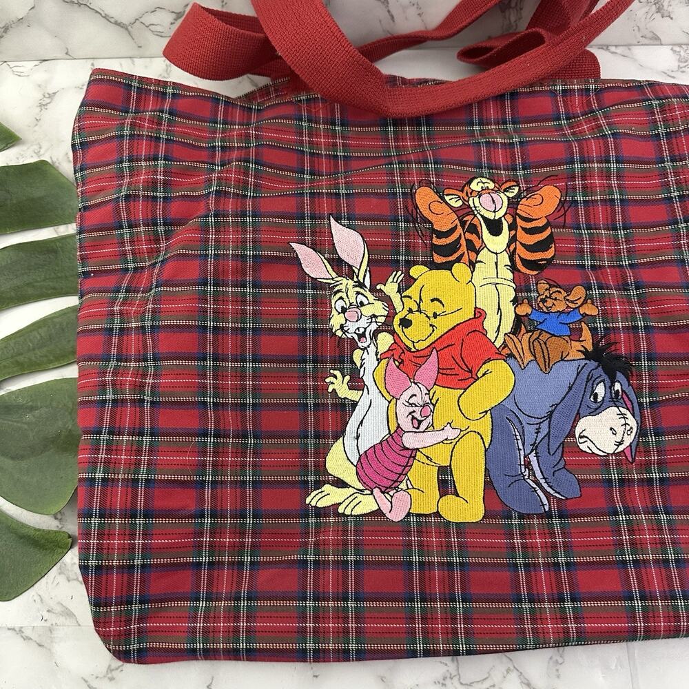 Disney Store Vintage 90s Winnie the Pooh Embroidered Tote Bag Purse Red Plaid - Picture 5 of 12